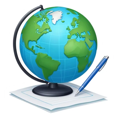 Create an emoji representing language translation. The design should feature a single globe in the background, symbolizing international communication. In front of the globe, place two books or sheets of paper, with a pen nearby to indicate the act of writing. Use a clean and professional color palette with blues, greens, and neutral tones. Do not include any emojis or smiley faces. Make the background transparent sticker