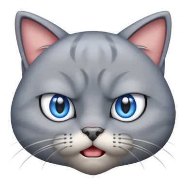 angry grey cat blue small eyes. iphone real emoji style sticker
