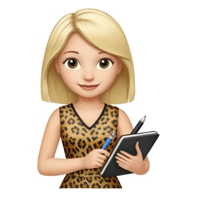 Blond hair girl with a leopard print dress and black leggings smiling holding a note book and a pen sticker
