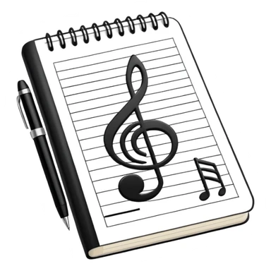 Minimalistic flat vector icon, iOS style, thin black contour on white background. Small notebook with a musical note on the cover, a pen placed next to it. Clean, modern, no text, no shadows. sticker