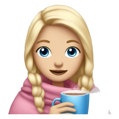 Blonde girl with blue eyes with a cozy pink blanket drinking hot chocolate  sticker