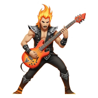 An icon showing a rock musician wielding a guitar in an epic battle, inspired by Brutal Legend. The design features fiery backgrounds, musical notes floating in the air, and electrifying stage lights, capturing the power of music and combat. Transparent background highlights the energy. sticker