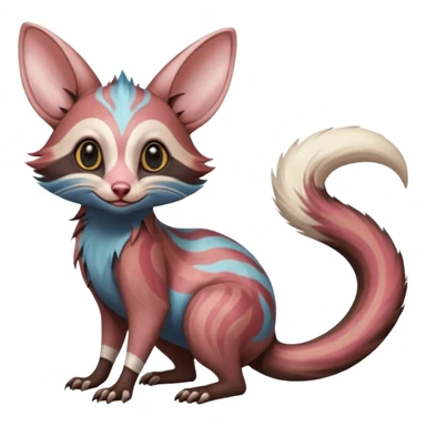 Oriental Painted Zooming Happy Realistic Star-swirled Zany Minccino-Opossum-Numbat-Lykoi-Sphynx-Zangoose-fusion-hybrid-animal-Fakémon-creature, full body, thin long sleek scaly tail, intricate markings sticker