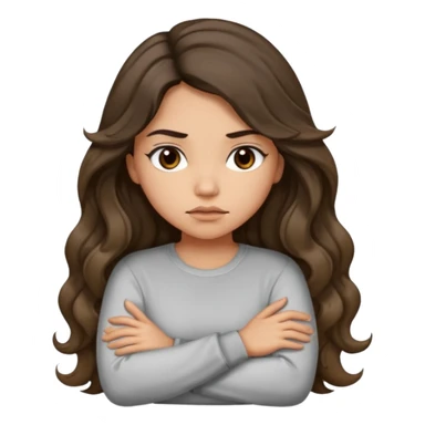 Hispanic light tan girl with long dark wavy hair with arms folded while pouting. Wearing a long sleeve. Hair with middle part. sticker