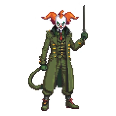 evil clown soldier, bald, small black horns on forehead, fangs, pointed ears, eye patch over one eye, long coat over black and military green clothes with bellbottom pants, tail, holding a different style of whip, realistically proportioned, less bulky, full body, fighting stance sticker