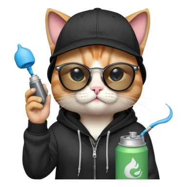 cat with one eye CLOSED in a CLEAR WINK, wearing black snapback cap and black hoodie, black sunglasses tilted low on nose, looking over the top of sunglasses at viewer with other eye open, holding spray paint can sticker