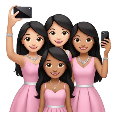 Just 3 besties with professional glammed up looks wearing pink and white, all medium skin tone smiling big with black long hair. Very girly wearing jewelry, taking a selfie  sticker
