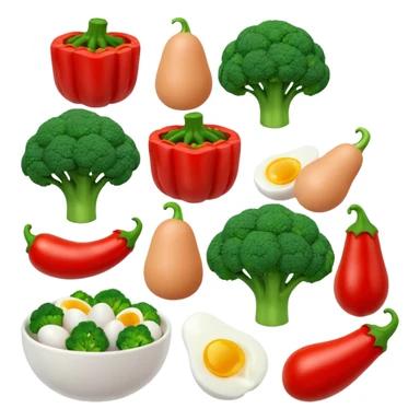 3D food emoji, glossy, smooth shapes, premium style,
broccoli, red bell pepper, rice bowl, chicken breast,
boiled eggs, vitamins bottle,
light warm background
 sticker