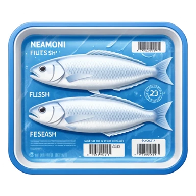 A clear vacuum-sealed plastic tray containing neatly arranged white fish fillets, covered with a thin layer of frost. The package has a blue and white label with product details and barcode. Set in a supermarket freezer shelf among other seafood packs, realistic lighting and texture. sticker