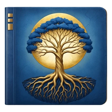 deep blue-to-golden sunrise book with textured aged cover, tree with deep roots, radiating strength and hope sticker