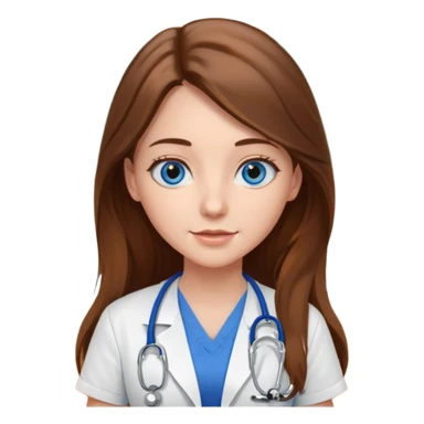 inside a classroom at university, a pretty female nursing student with long brown hair, blue eyes sticker