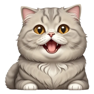 Cinematic-Adorable-Scottish-Fold-Cat-Portrait-Emoji – Big-eyed, fluffy Scottish Fold cat with a playful head tilt and a cute yawn, soft solid grey fur, tiny folded ears giving it an irresistibly sweet expression, simplified yet charmingly cute features, round amber eyes full of curiosity, highly detailed with a gentle glow. sticker