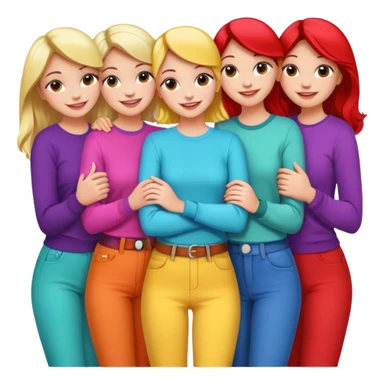 a group of girls, happy, stylish, Pinterest vibes, arms around each other, all look like they love Pinterest, apple emoji style sticker