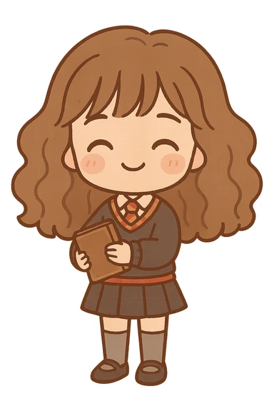 Chibi kawaii Hermione Granger with exaggerated proportions (big head, small body), clean lines and dark brown thin outline, happy expression with closed arched eyes, subtle smile, rosy cheeks. Classic Gryffindor uniform: dark gray sweater with red and gold stripes, white shirt, red/gold striped tie, dark pleated skirt, knee-high socks and black shoes. Holding old brown book. Voluminous, wavy brown hair. Warm, earthy, pastel palette, light cel shading, neutral or transparent background. sticker
