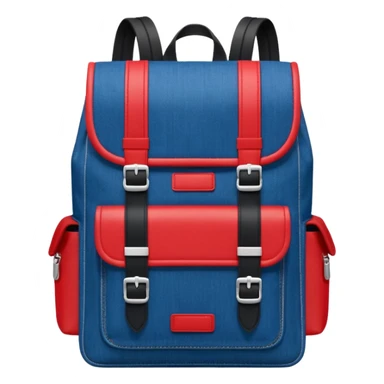 Minimalist emoji-style icon of a stylish blue denim backpack with a flap top, two vertical black buckle straps, a large red-white-navy horizontal block in the center, and two zipper side pockets. Inspired by Tommy Jeans design. Front view, cartoon-like, clean design.

 sticker