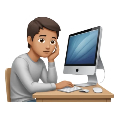 emoji of a man sitting at the table with an imac on it, a man is sitting in a very thoughtful pose, he has his hands on the table and his head resting on themб he look into the screen of imac sticker