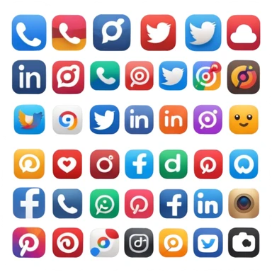 Create a set of social media logos grouped together: Slack, Reddit, Discord, Substack, LinkedIn, Google Reviews, Facebook Groups, Instagram, TikTok, Pinterest sticker