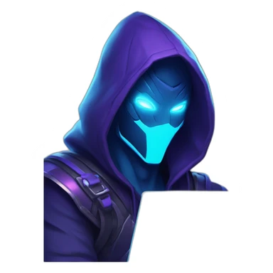 developer behind his laptop with the style of Riot Games Valorant neon blue eyes glowing bright blue Video game character blue purple hooded assassin themed character shrouded wraith sticker