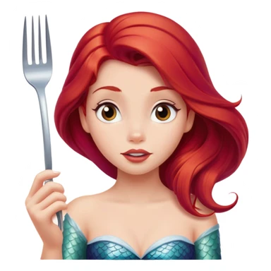Disney Ariel mermaid with red hair holding a fork, curious expression sticker