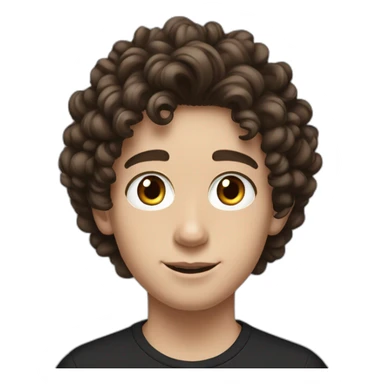 a white teenager boy with big brown eyes and middle partedlong coiled curly brown hair, wearing a black t-shirt with white airpods sticker