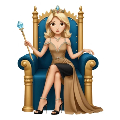 Lilith symbol light brown eyes. Woman of justice and power. Shoulder  length blonde haired  woman with Gucci, and designer bags next to her. Wearing long elegant dress with slit, sitting on a throne and diamonds everywhere around her. Black Platform high heels on feet. designer bags around her.  sticker