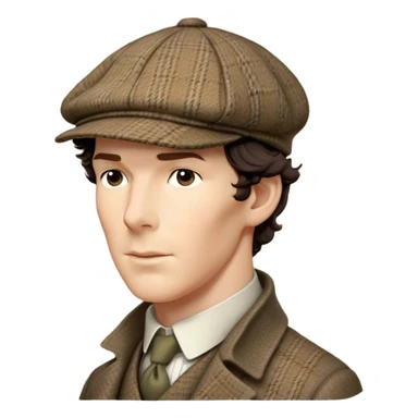 sherlock holmes benedict cumberbatch, wearing a deerstalker hat with the fabric is often tweed, which features a subtle checkered or herringbone pattern with darker and lighter threads woven together, creating texture and depth.  sticker