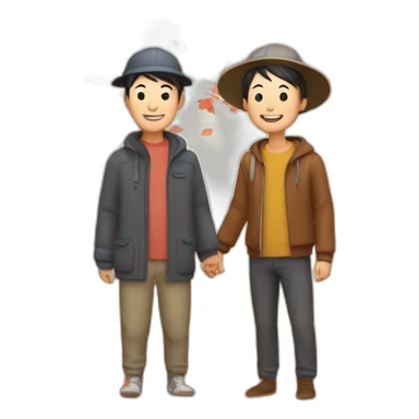 Happy skinny Chinese parents with caps. Standing in a park in front of an red autumn tree sticker