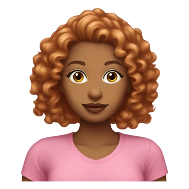 Light brown woman with pink lipstick, eyelashes, small eyes, auburn long curly hair, wearing pink t-shirt with green trim sticker
