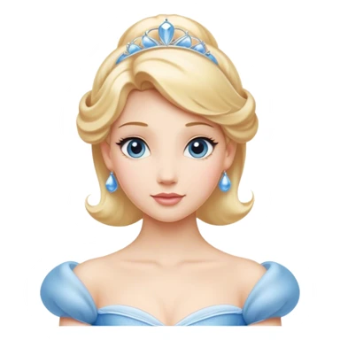 Cinematic Elegant Cinderella Portrait Emoji, rendered in a realistic, vector-style with minimal shading and bold, simplified shapes. Depict Cinderella in her classic ball gown (chest and above) with fair, porcelain skin and elegantly styled blonde hair, her eyes soft and kind, and her expression serene and graceful. The design glows with a gentle, enchanting radiance and high shine, capturing the timeless beauty of a fairy tale princess. sticker