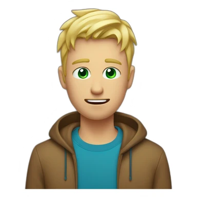 short haired blonde man with flushed face in a brown T-shirt, who has greeny blue eyes who is not smiling because he is flushing, his face is red, he is kinda confused sticker