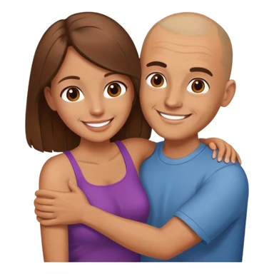 Man with shaved head holding woman with long brown hair sticker