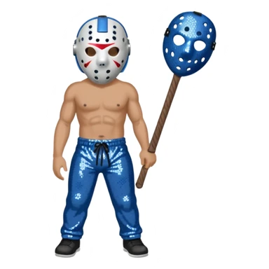 Jason Voorhees with white hockey mask, blue-gray sequin baggy pants, shirtless with necklace sticker