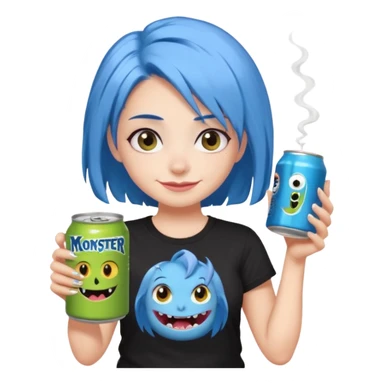 Chibi sticker of a woman with powder blue hair, lower back length, with white eyes hold a can of Monster with a smug smile; cozy cartoon style sticker