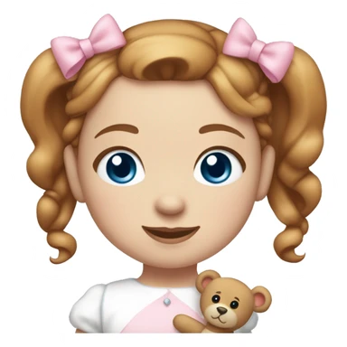 Little Girl with White skin, blue eyes. Light brown and red hair in two ponytails, with light pink bows.  She is wearing a light pink and White dress, standing and holding a teddybear with a pink bow. sticker