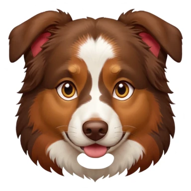 A tri color Australian shepherd with a chocolate brown base coat, red/gold fur on his eyebrows and snout/cheeks, a white chest, and gold eyes sticker