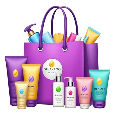 Gift bag with beauty products (shampoo, creams, styling products), a gift bag is beautyful open box full of luxury brand-labeled beauty products sticker