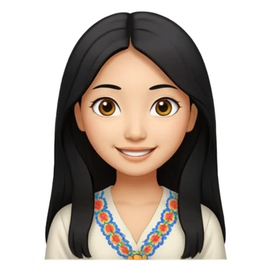 30 yr old asian woman center parted hair big eyes big smile tanned skin straight black hair hippie part hair white blouse sticker