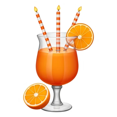 An orange fruit with a horizontal red stripe around the middle. 4 vertical cocktail sticks in the orange with small pieces of candy on the sticks. On top of the orange a small white lit candle. sticker