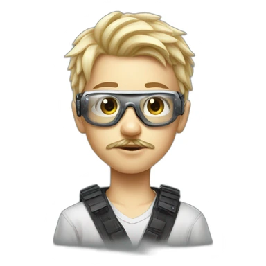 a young boy with short blonde hair with transparent white glasses and a little mostache, he is a futuristic cyberpunk hacker  sticker