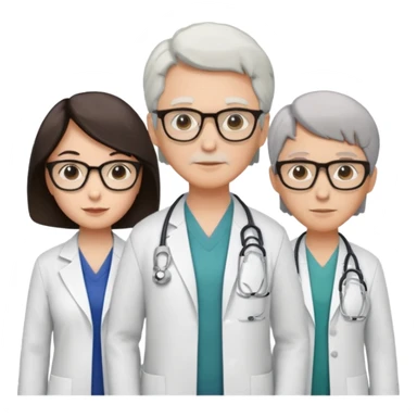 Four doctors standing together:

a female doctor with dark-colored short bob hair,

a young male doctor,

an older male doctor with white hair wearing glasses,

and a female doctor wearing glasses. sticker