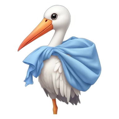 White stork carrying a blue bundle of cloth in the beak that has a human person cute baby human in it and the human baby head is peeking from the fabric the strok is carrying in its beak sticker