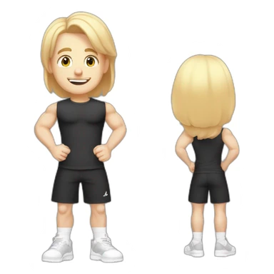 Pale skinned Fit Man With the biceps and blonde hair in black shirt, gray sports shorts and white Sneakers Writing text on the flipchart sticker