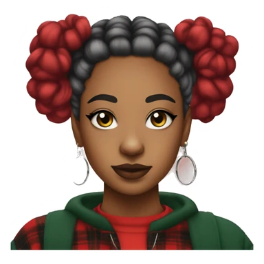 Trans girl with dark green space buns wearing a red flannel and hoop earrings wearing cat eye liner sticker