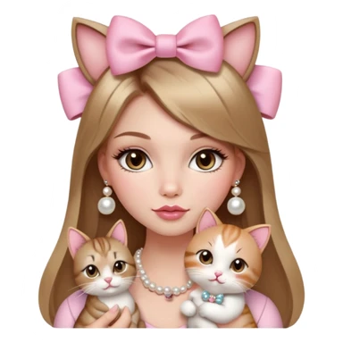 A very gorgeous girl with straight long light brown hair with blonde highlights, hazel eyes, big plump round lips with baby pink blush on her cheeks and mascara on her lashes, coquette style with a bow on her hair and Pearl jewelry on her wrist and neck holding a very cute cat sticker