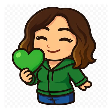 Sticker style chibi emote, matching the attached green heart emote as a base, but with a slightly skinnier body and a bigger chest. Woman from reference, green hoodie and blue jeans, holding a green love heart, cute happy face, no headband, no wand, transparent background. Top color should not match jeans. sticker