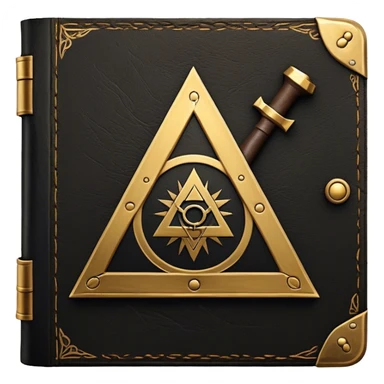 A black and gold book with an aged leather texture, embossed with an alchemical symbol, a compass, or a forging hammer, exuding wisdom, mastery, and the relentless pursuit of greatness. - book on mastery ... silhouette of a triangle  sticker