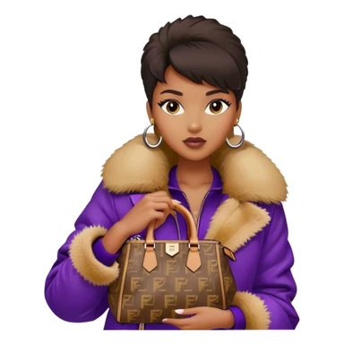 Beautiful black woman wearing a brown monogram Fendi jacket with a fur trim. She is carrying a purple Fendi Mini Peekaboo Bag. I want the image close up sticker
