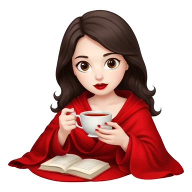 Long wavy dark brown haired, white skinned, dark big eyed girl with red lipstick wrapped in a red blanket, sipping tea and reading a book sticker
