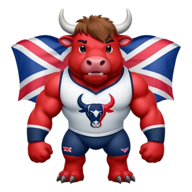 Houston texans bull, wearing a texans jersey, with a union jack flag behing sticker