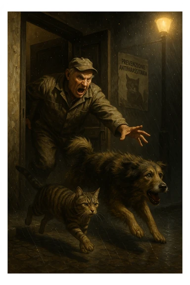 Un uomo anziano in tuta da lavoro, con espressione arrabbiata, butta fuori i suoi animali con aperta la porta di casa mentre il suo cane (un meticcio a pelo lungo) e il gatto (soriano) scappano nella strada buia sotto la pioggia. Particelle di polvere/pulci fluttuano nell'aria illuminata dal lampione. Sullo sfondo, un poster strappato del veterinario con scritto 'Prevenzione antiparassitaria'. Stile fotorealistico, illuminazione Caravaggesca, toni grigi e ocra. in italiano sticker